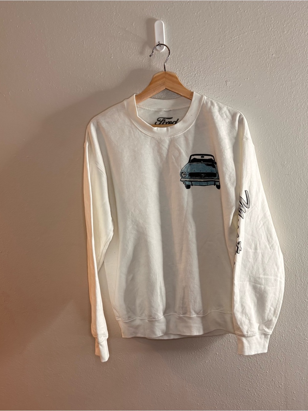 Ford White Crewneck Sweater with Blue Car Graphic